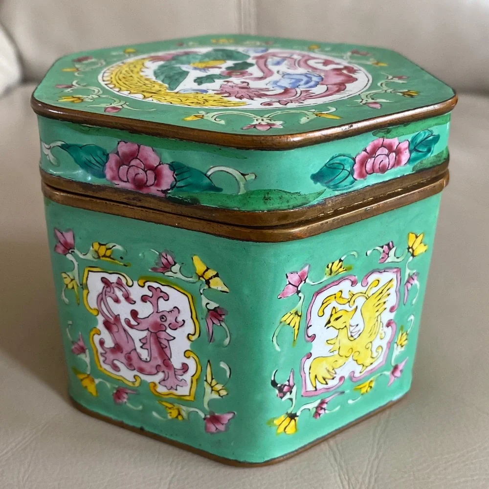 Vintage Chinese Hand Painted Enamel Hexagon Box Dragon / Phoenix Design